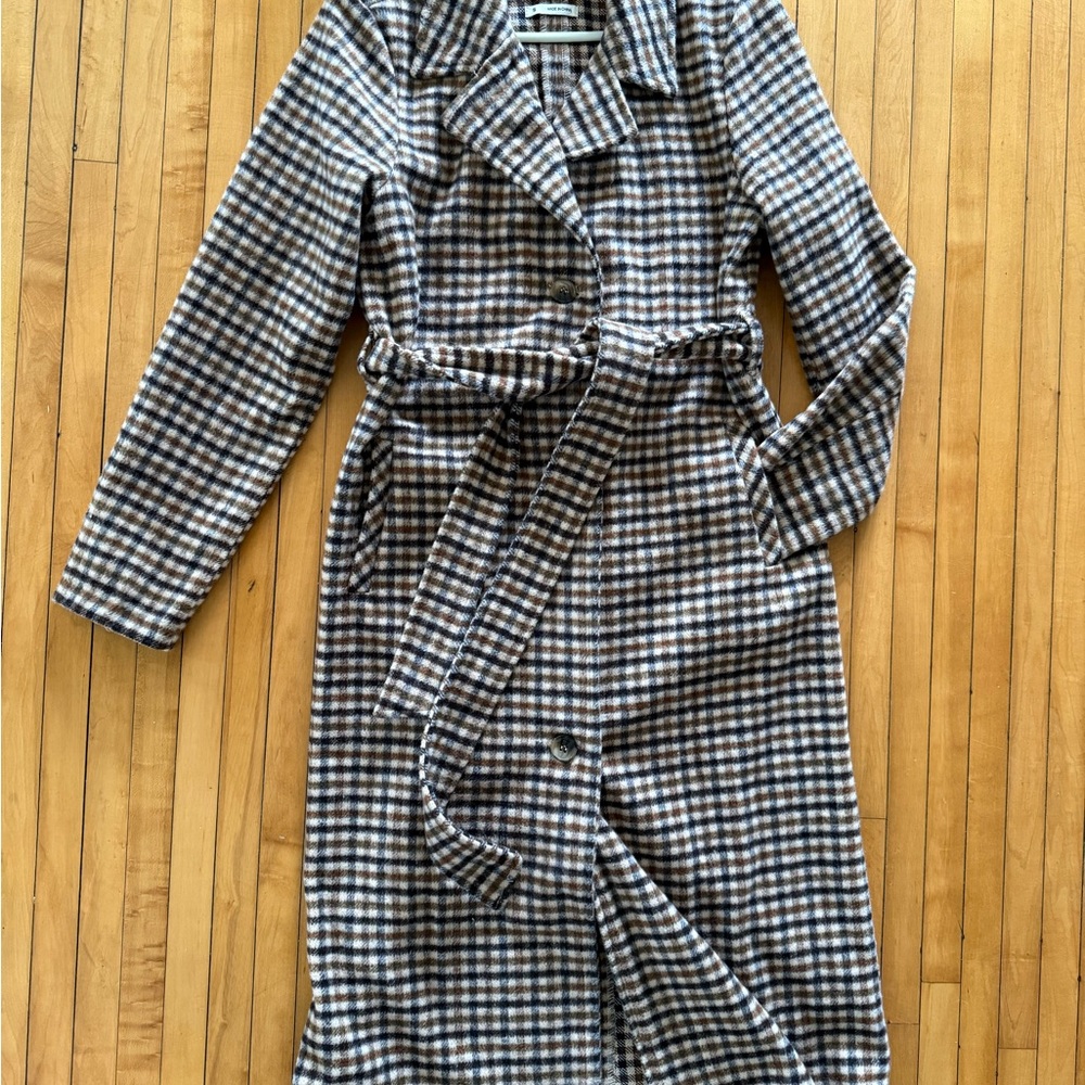 Stoosh (S) Brown Plaid Button Down/Belted Trench Coat Classic Tailored Design
